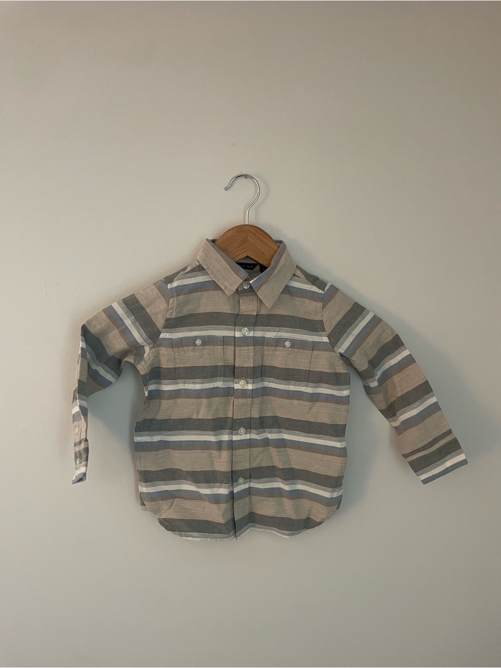 Janie and Jack Long-Sleeve Button-Up Shirt - Beige & Gray Stripes, Size 2T